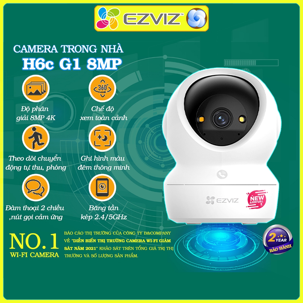 Camera Ezviz H6C G1 4K 8MP, đàm thoại, xoay 360, góc dọc rộng, đèn màu đêm khi có người