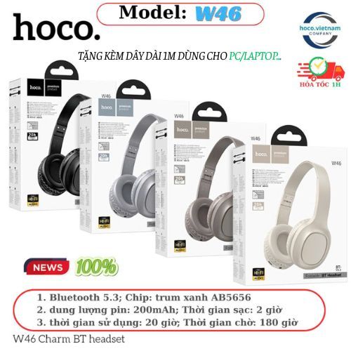 Tai Nghe Bluetooth Hoco W46,Tai nghe Headphone,Pin 20h Sử dụng,Chờ 180h( Tặng kèm dây để dùng cho PC