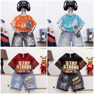   14-57kg  Set áo thun loang in chữ hot hit phối quần Jean co giãn siêu xịn cho bé trai 