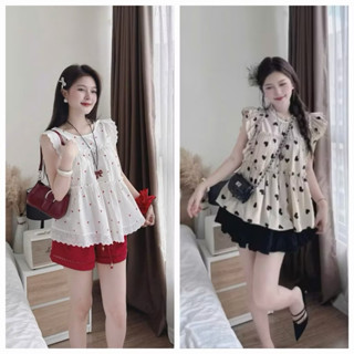 Set Áo Cánh Tiên Trái Tim Cổ Bèo Ren mix chân váy Cạp Chun Bèo Tầng Đáng Yêu