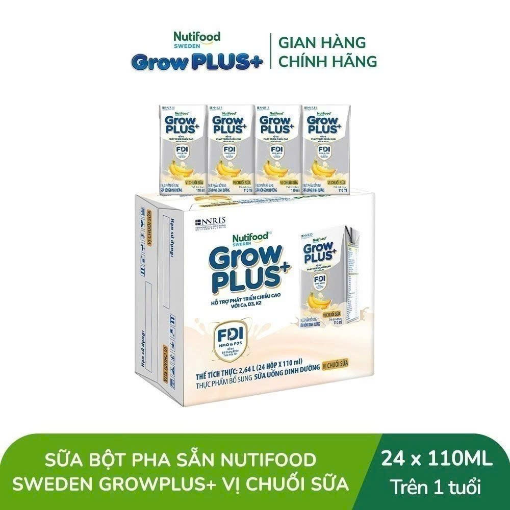 [LIVESTREAM KOL] Thùng 24 hộp Sữa bột pha sẵn Nutifood Sweden GrowPLUS+ Vị Chuối Sữa hộp 110ml - Trê