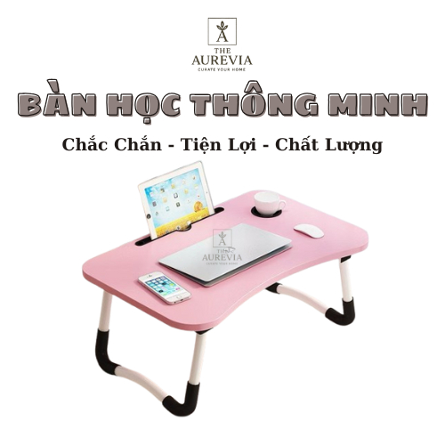 Bàn học gấp gọn sinh viên học sinh mặt bàn gỗ chân sắt có khe cắm khay để cốc 40x60cm ngồi bệt mini