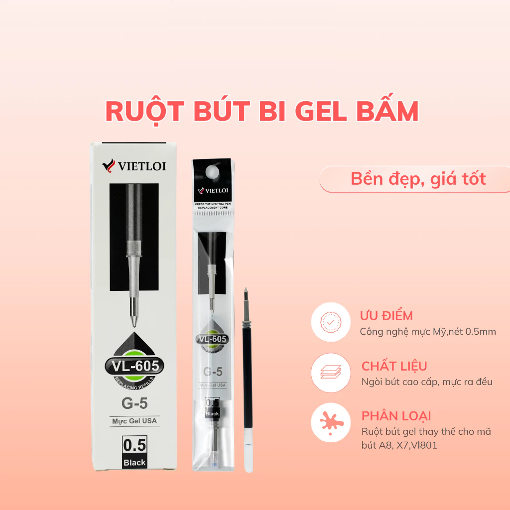 HỘP 20 Ruột bút gel Việt Lợi VL-605 G5 ngòi 0.5mm - Thay thế cho bút gel VL-X7, A8, MG K35, R1 ...