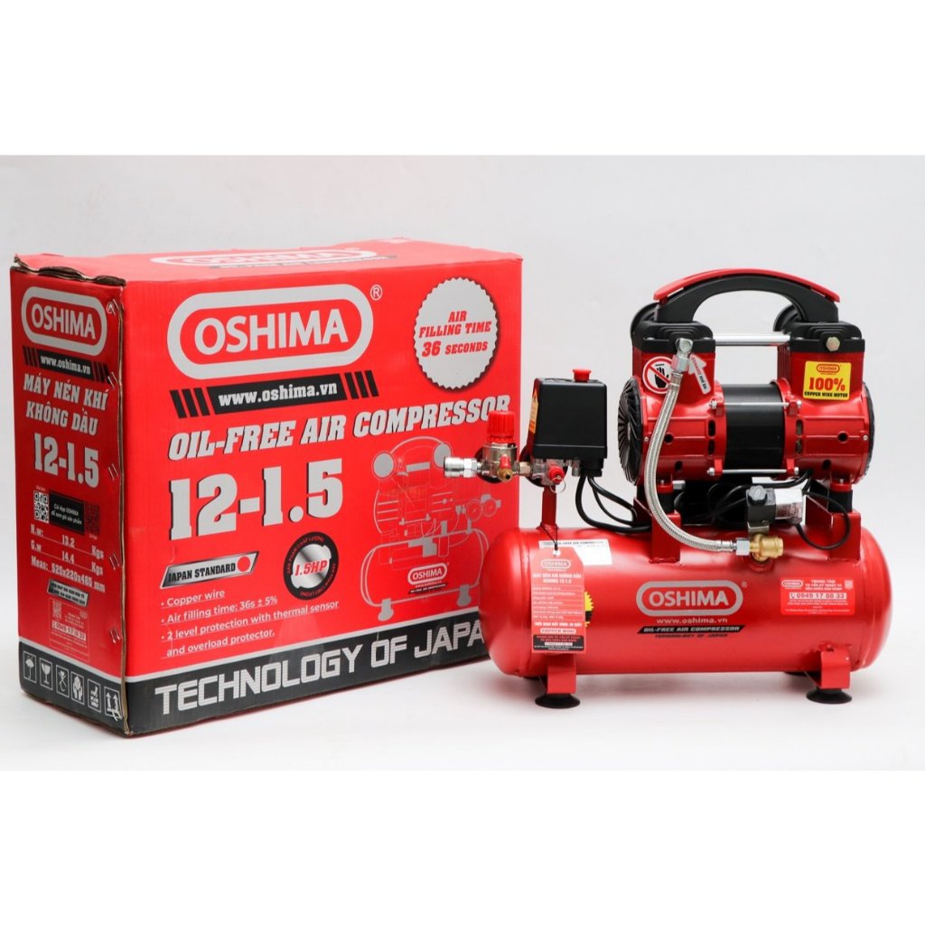 Máy nén khí 12 LÍT 1.5HP Đỏ Điện 1 pha (Không dầu,nhanh,dây đồng) - THƯƠNG HIỆU Oshima chính hãng