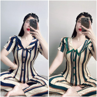 Đồ Bộ Nữ Tay Ngắn Quần Dài, Áo Dập Ly Phom Thiết Kế Sang Trọng Thích Hợp Cho Mọi Lứa Tuổi, Chất Vải Mango Mịn Mát