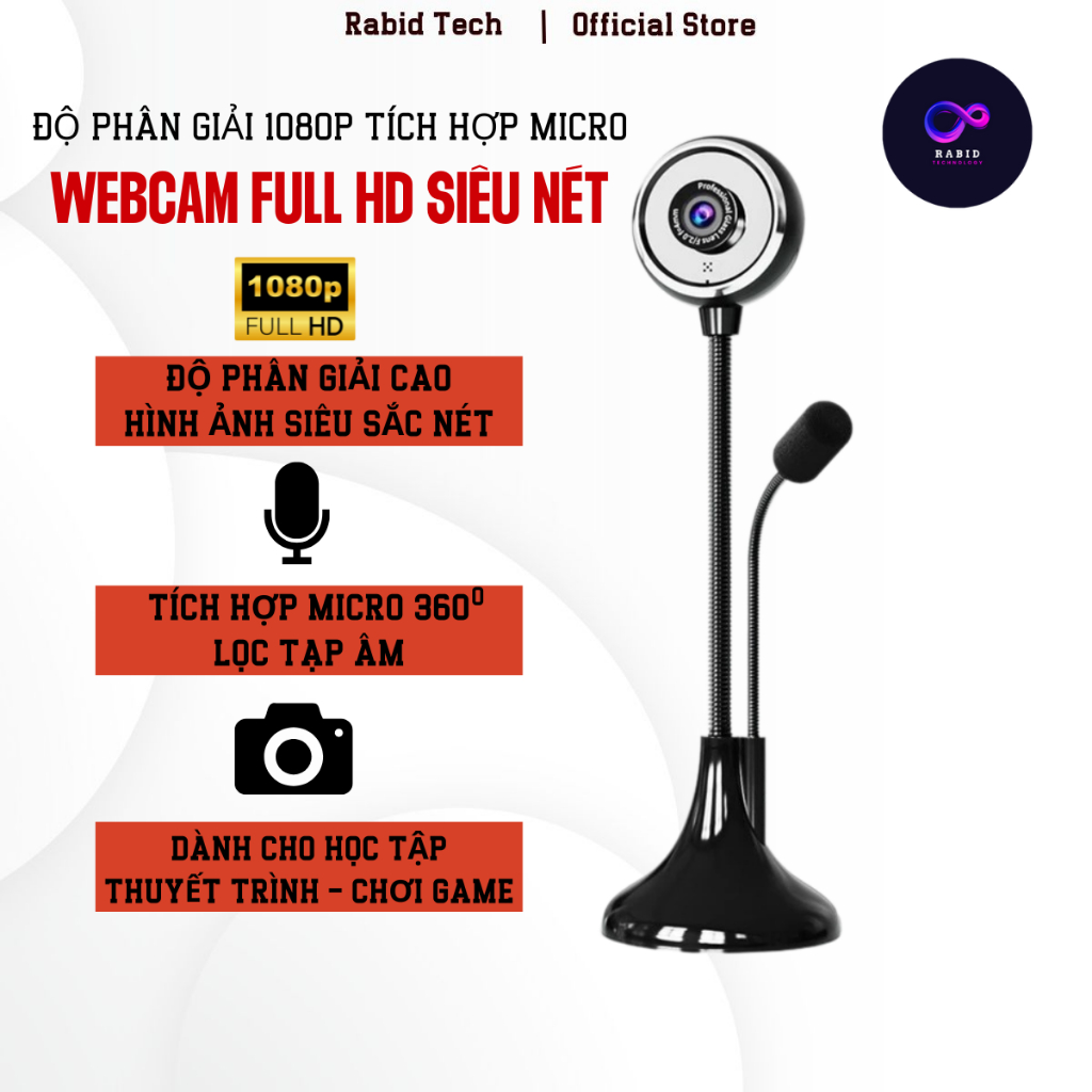 Webcam máy tính RABIDTECH có mic xoay 360 A09 FULL HD NEW 2025 cao cấp dùng học tập, live camera trên pc, laptop