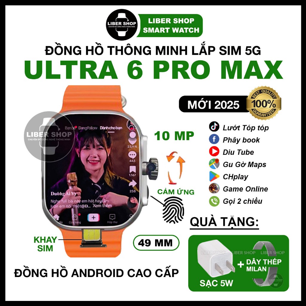 Đồng Hồ Ultra 6 Pro Max 2025 Lắp Sim 5G Wifi, Video Call 10MP, Lướt Mạng Xã Hội, Chơi Game, Tải App 