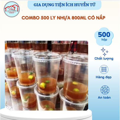 Combo 500 ly nhựa 800ml có nắp – Cốc đựng trà tắc, nước ép – Nhựa PP trong, dùng mang đi