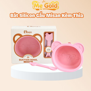  Bát ăn dặm silicon cho bé có vạch chia ml Misan kèm thìa cho bé Bát ăn dặm cho bé silicon có đế hít chống lật 