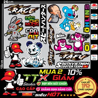  nhãn dán bé nín thỏ điên gấu dâu gấu quỷ bạo lực tem trang trí xe điện xe máy chất liệu nhựa pvc cao cấp chống nước 
