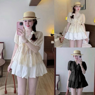 Bigsize Set áo babydoll tơ cổ v viền ren kèm chân váy bí 55-95kg S601