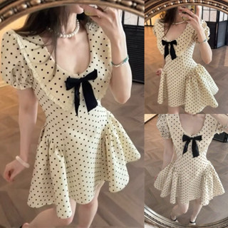 Bigsize Đầm chấm bi cổ bèo đính nơ tiểu thư 55-95kg D490