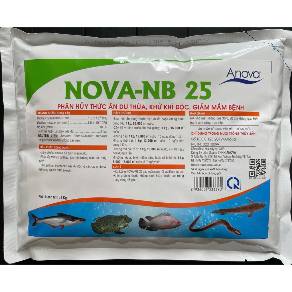 Chế phẩm sinh học NOVA-NB 25 của Anova, chuyên dùng để xử lý nước ao nuôi thủy sản.