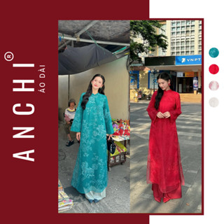 Áo Dài Voan Tơ Thêu Kỳ Lân dáng suông, cổ áo truyền thống tay dài, áo dài cưới - Áo Dài ANCHI