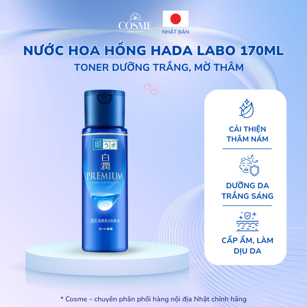 Nước hoa hồng hàng nội địa Nhật Bản, Hada Labo Gokujyun Premium Xanh – Lotion dưỡng trắng, mờ thâm, sáng da tự nhiên