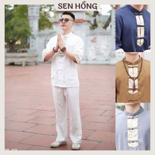 BỘ ĐŨI CỔ TÀU PHỐI GẤM NAM - mẫu Phật tử, quần áo cư sĩ nam #đồ lam đi chùa, mặc nhà vải mát BN25