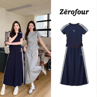 Set áo thun cộc tay in nơ kèm chân váy dài phối sọc basic màu xanh - xám chất cotton mịn mát mặc hè thoải mái ZEROFOUR