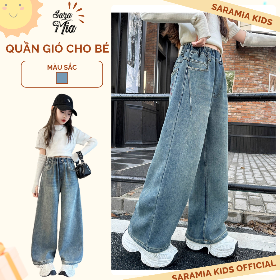 DT12-Quần baggy jean bé gái SARAMIA KIDS, ống suông rộng lưng chun, chất denim mềm mặc hàng ngày