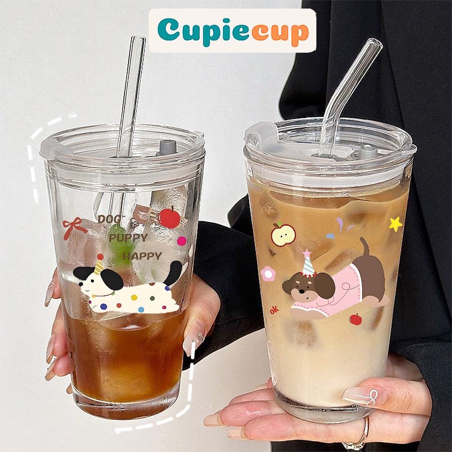 Cốc Thủy Tinh Dễ Thương, Bình Thủy Tinh, Ly Thủy Tinh Kèm Sticker, Ống Hút BTT001