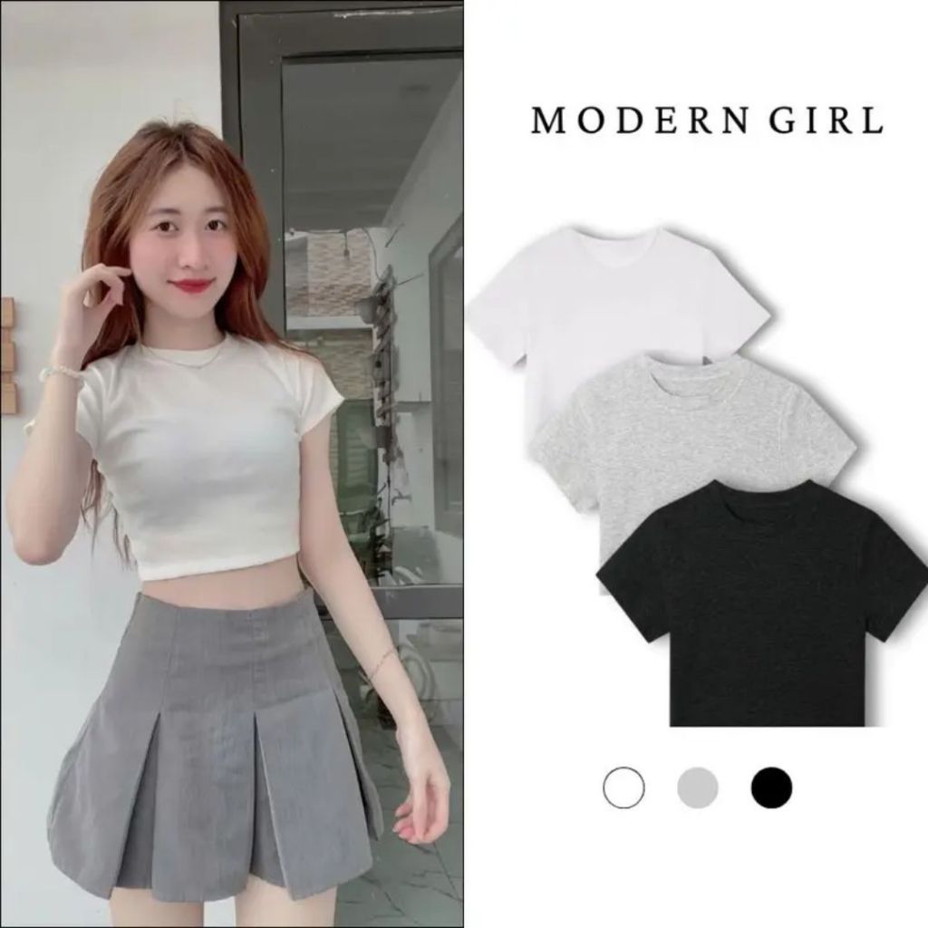 Áo Thun Croptop Nữ Cổ Tròn Trơn chất liệu vải thun gân dày dặn - Women Nhung Modern Girl