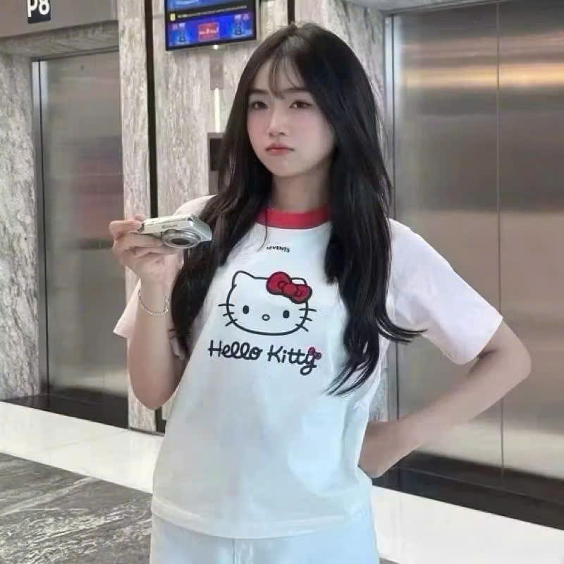 Áo thun Baby Tee Hello trắng phối tay hồng, áo phông baby tee Form Fit dễ thương BY CLT