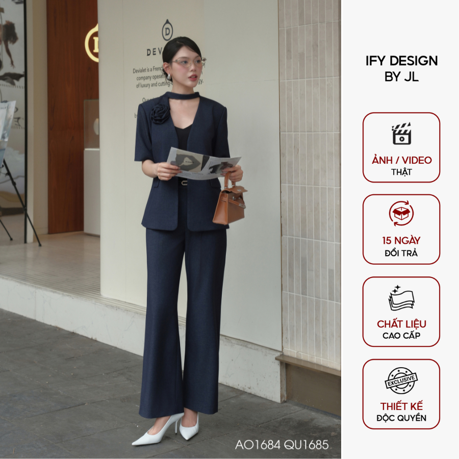 Set đồ công sở nữ cao cấp IFY Design Áo blazer cổ hoa kẹp khăn phối Quần ống suông AO1684 QU1685