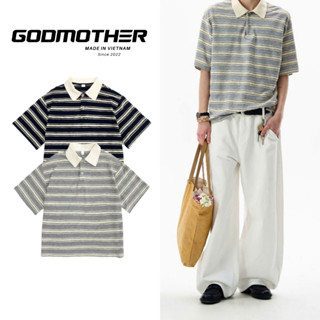 Áo Polo Kẻ GODMOTHER Cotton Áo Polo Cotton Áo Polo Ngắn Tay Kẻ Mùa Hè Mát Mẻ Streetwear Hàn Quốc