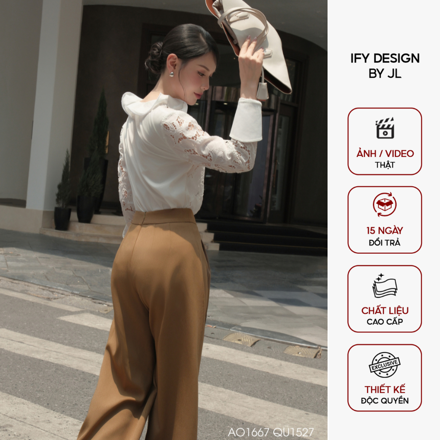 Set đồ nữ cao cấp IFY Design thiết kế Áo sơ mi ren cổ bèo phối quần suông gập gấu AO1666 QU1527