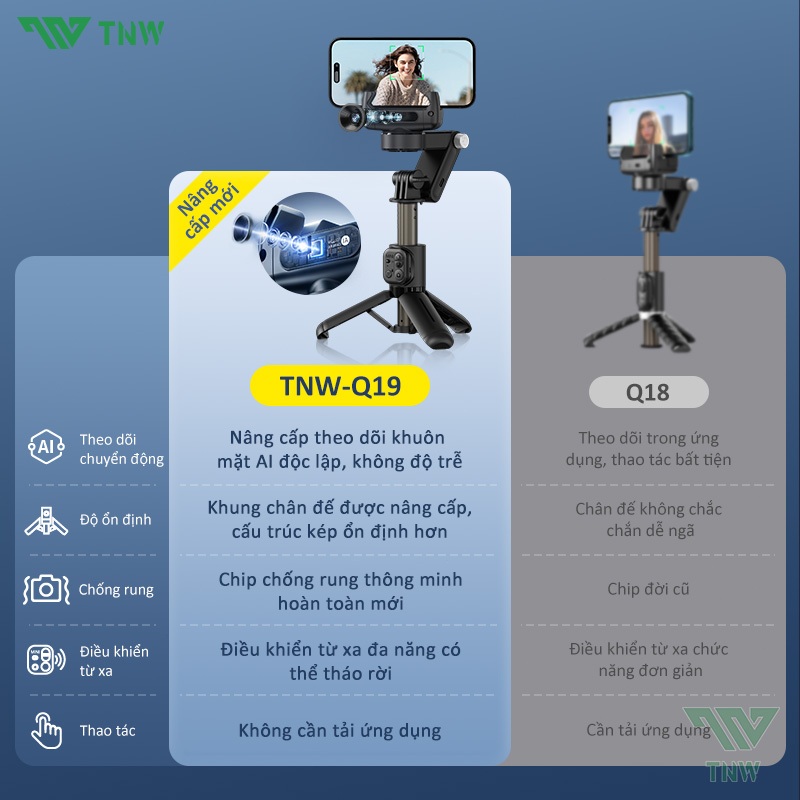 TNW Q19 Gimbal chống rung điện thoại 360 độ Gimbal chụp ảnh selfie có đèn Gimbal kéo dài chống rung | BigBuy360 - bigbuy360.vn