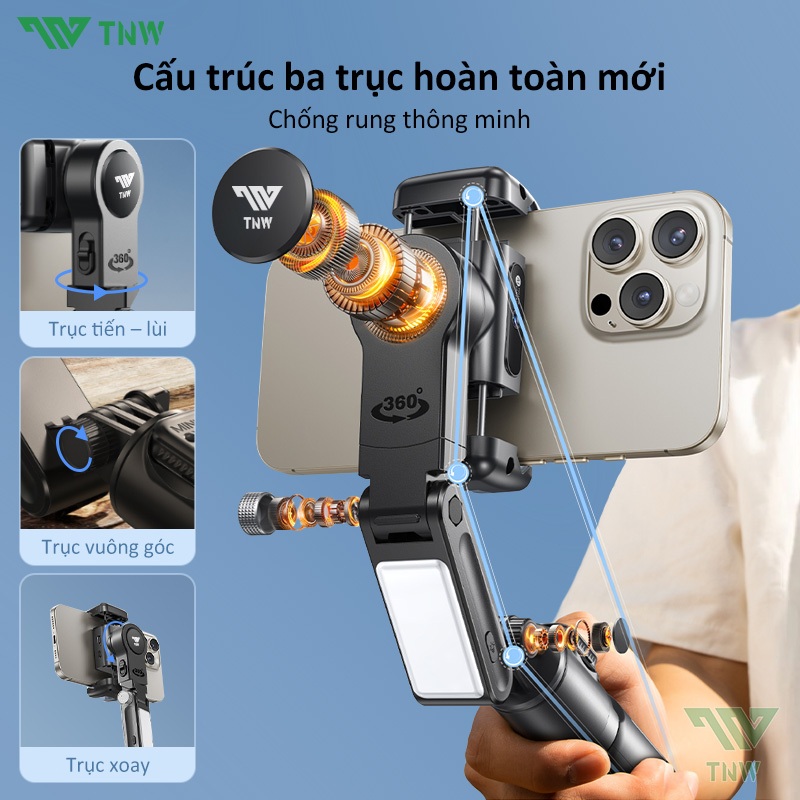TNW Q19 Gimbal chống rung điện thoại 360 độ Gimbal chụp ảnh selfie có đèn Gimbal kéo dài chống rung | BigBuy360 - bigbuy360.vn