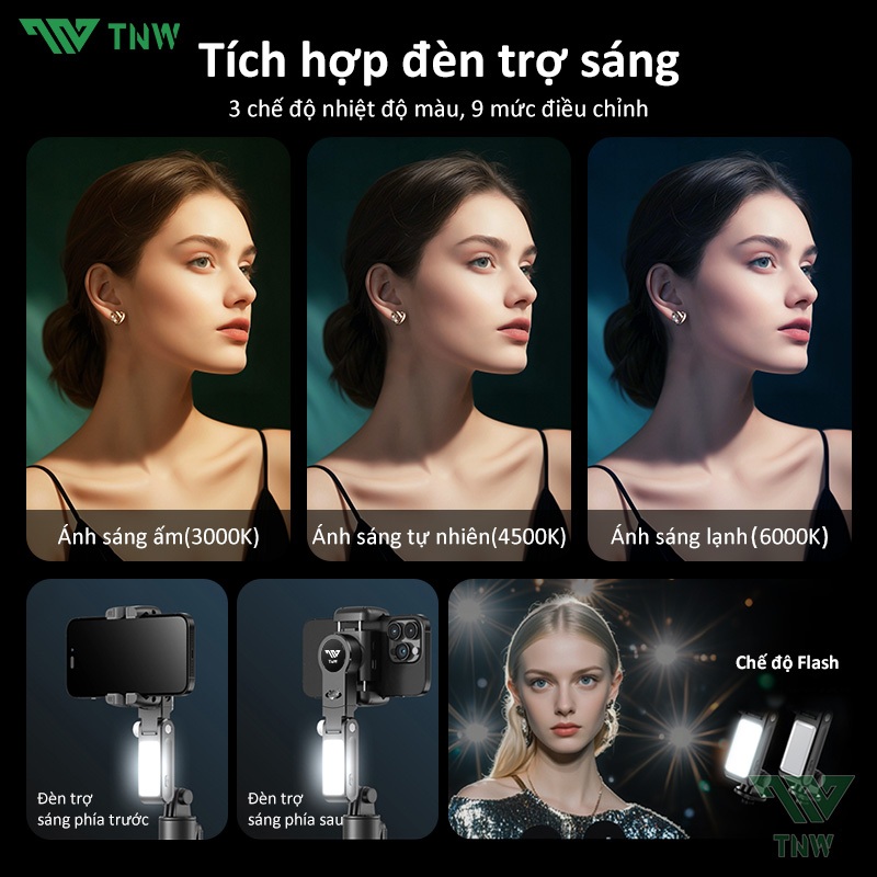 TNW Q19 Gimbal chống rung điện thoại 360 độ Gimbal chụp ảnh selfie có đèn Gimbal kéo dài chống rung | BigBuy360 - bigbuy360.vn