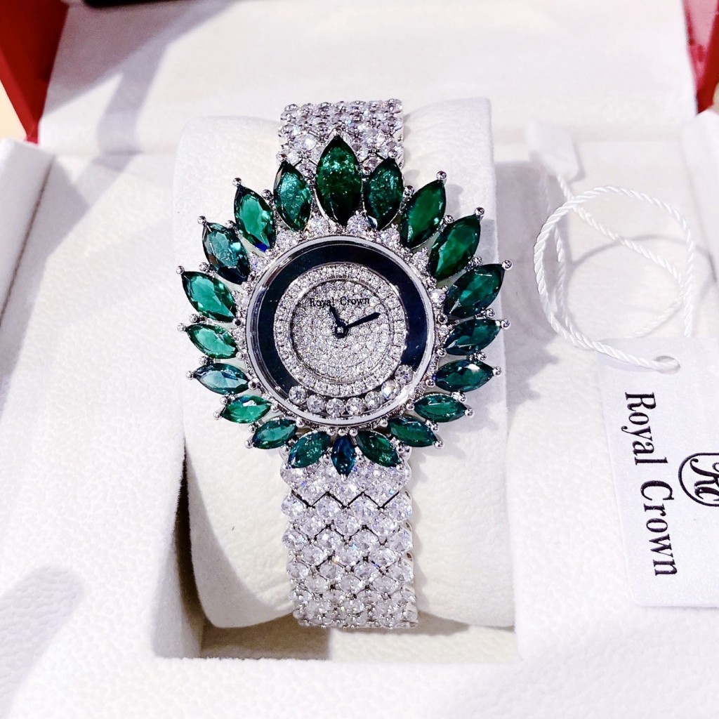 Đồng Hồ Nữ Đính Đá Royal Crown 6253 Hoa Tuyết Xanh Sành Điệu Size 39mm - Vỏ Silver