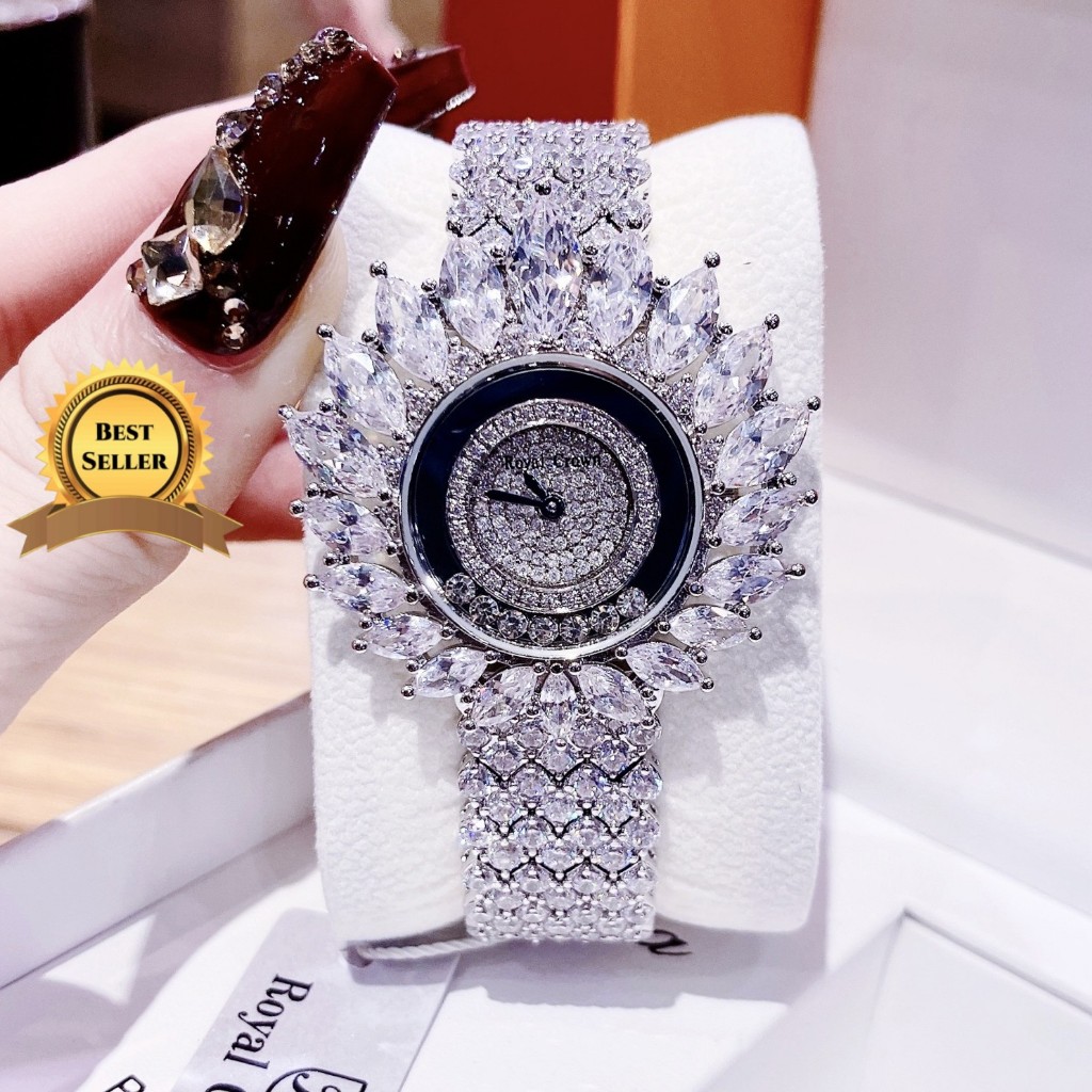 Đồng Hồ Nữ Đính Đá Royal Crown 6253 Hoa Tuyết Trắng Sành Điệu Size 39mm – Vỏ Silver
