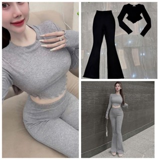  Set bộ nữ thun gân tăm áo vạt nhọn quần ống loe ôm body tôn dáng 