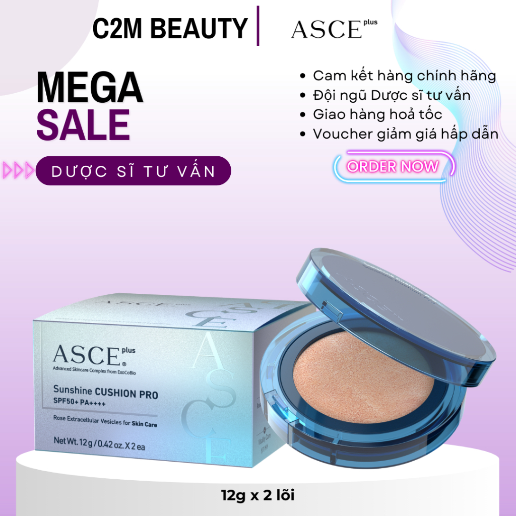 ASCE plus Sunshine Cushion Pro – Phấn Nước Chống Nắng SPF50+ PA++++, Che Phủ Tự Nhiên, Dưỡng Sáng Da