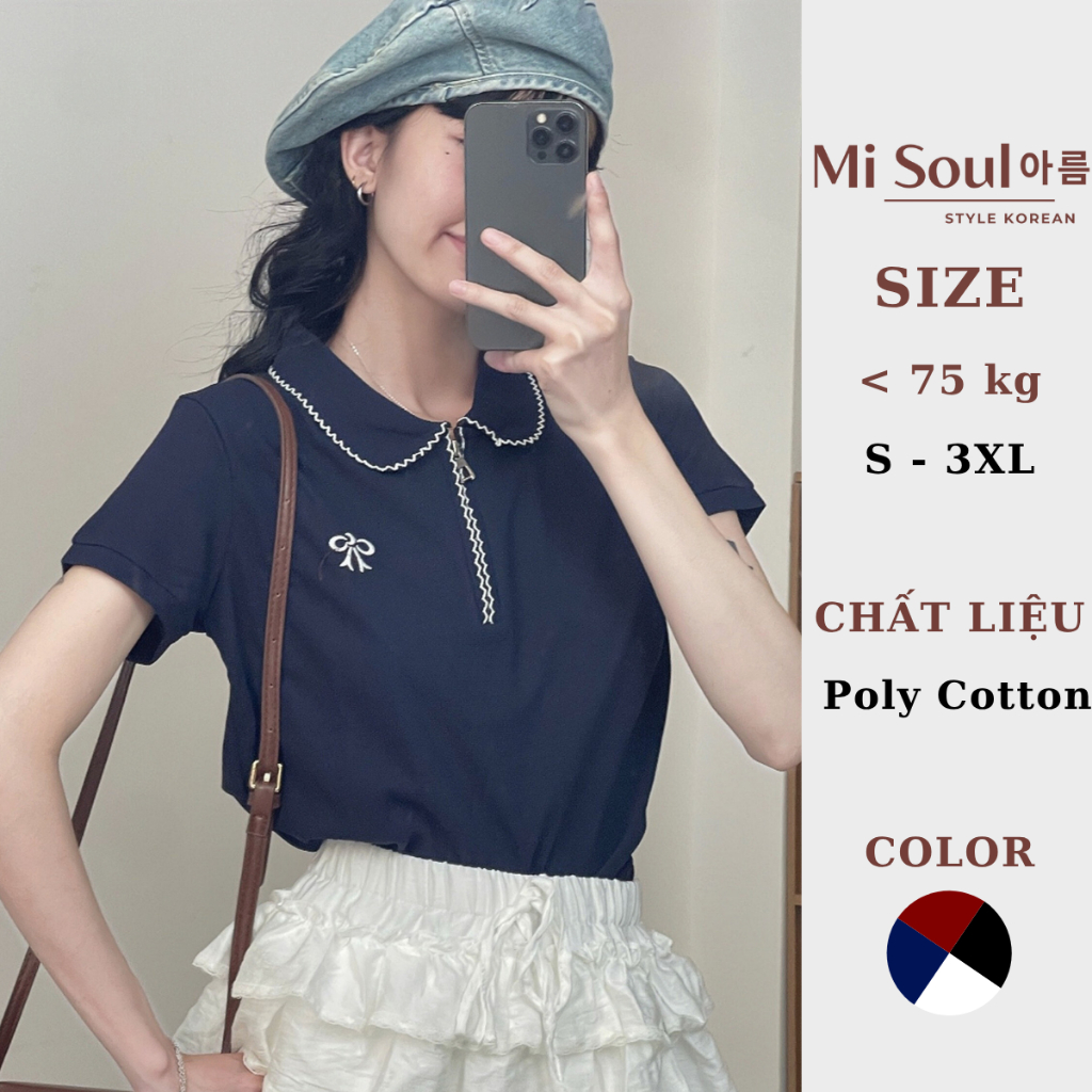 Áo Polo Nữ Cộc Tay Cổ Khóa Kéo Thêu Nơ MiSoul BigSize Chất PolyCotton Mát Mịn, Áo Thun Cổ Bẻ 454