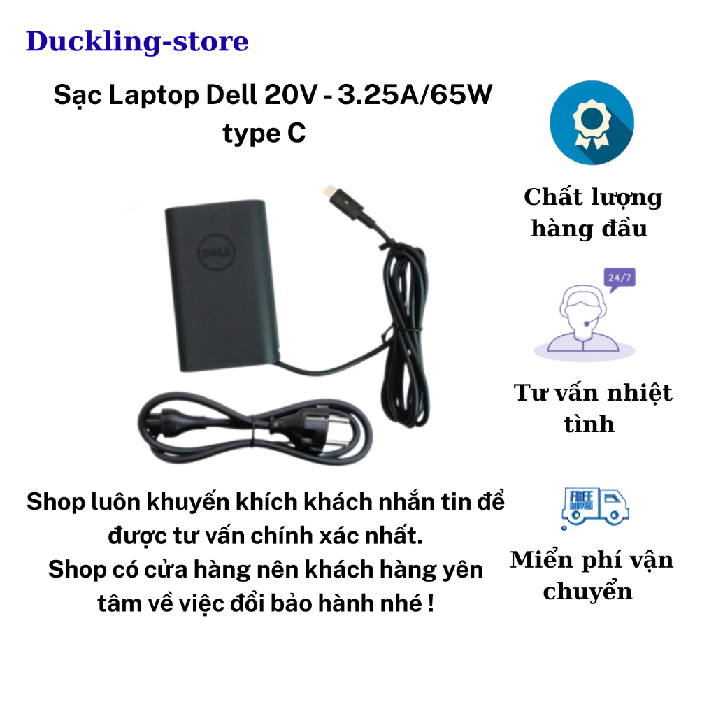 Sạc Laptop Dell Đầu Type C, 65W  Adapter Dell New - ZIN