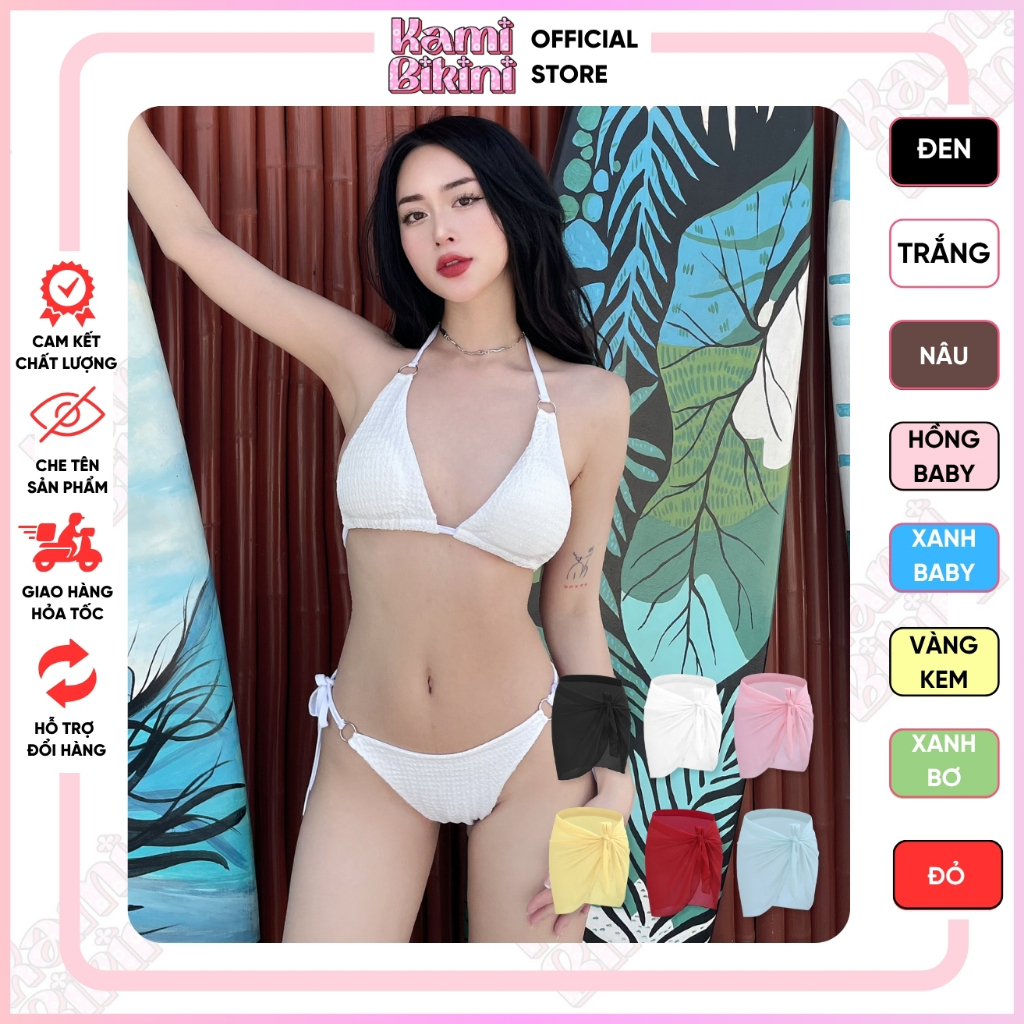Combo Bikini 3 chi tiết đi biển : set 2 mảnh phối khoen chất xốp nhăn sang chảnh kèm khăn quấn voan tơ sz 40x150cm | BigBuy360 - bigbuy360.vn