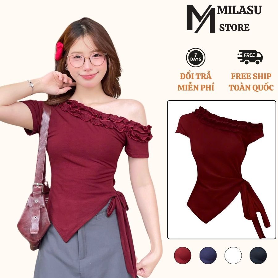Áo Thun Lệch Vai Cổ Bèo  MILASU Áo Vạt Chéo Thắt Nơ Điệu Đà 416