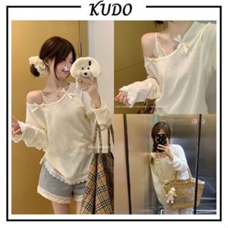 Áo nữ dài tay thun cotton mềm mỏng lệch vai đính nơ phối ren màu be freesize mặc mùa thu nhẹ nhàng KUDOSHOP