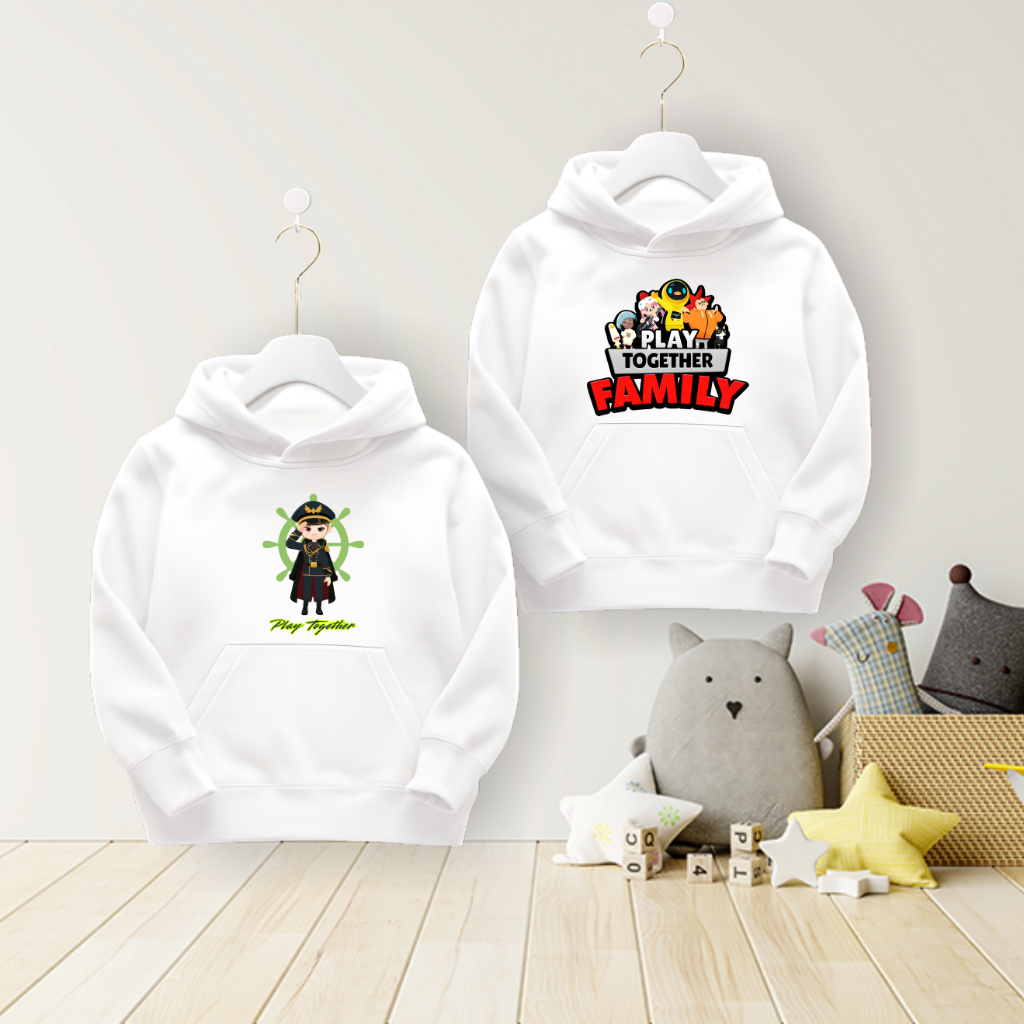 Áo Play Together áo khoác hoodie có mũ màu trắng đủ size cho bé trai bé gái