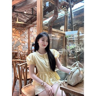 Áo sơ mi nữ mùa hè phối cổ ren dậy rút eo tay ngắn trẻ trung LAMO - B1439