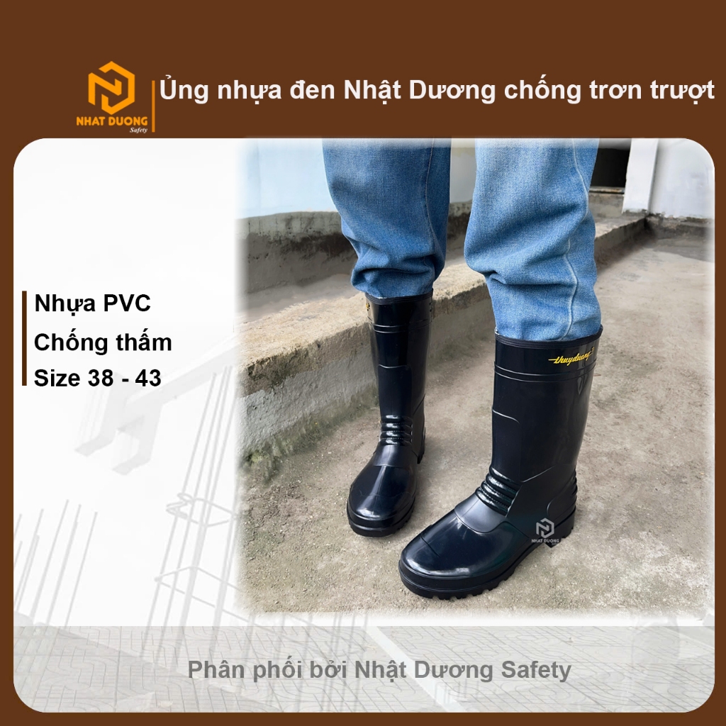 Ủng nhựa đen cổ cao chống nước, chống trơn trượt, Ủng bảo hộ lao động đi mưa, công trình, làm vườn