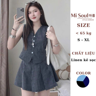 Set Bộ Gile Nữ MiSoul Kẻ Sọc Cổ V Thanh Lịch, Áo Gile Kết Nút Mix Quần Váy BigSize Chất Linen 456