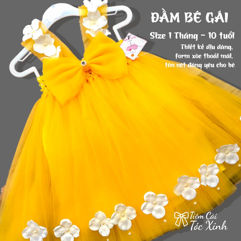 Đầm Công Chúa Vàng Hoa Trắng – Váy Xinh Bé Gái Dự Tiệc, Đi Chơi, Sinh Nhật | Size 1 Tháng – 10 Tuổi