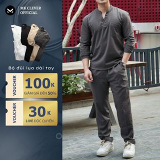 Set đồ bộ Đũi lụa Dài Tay Nam MK Chất vải đũi lụa mềm mịn set sơ mi quần đũi dài đi chơi đi biển