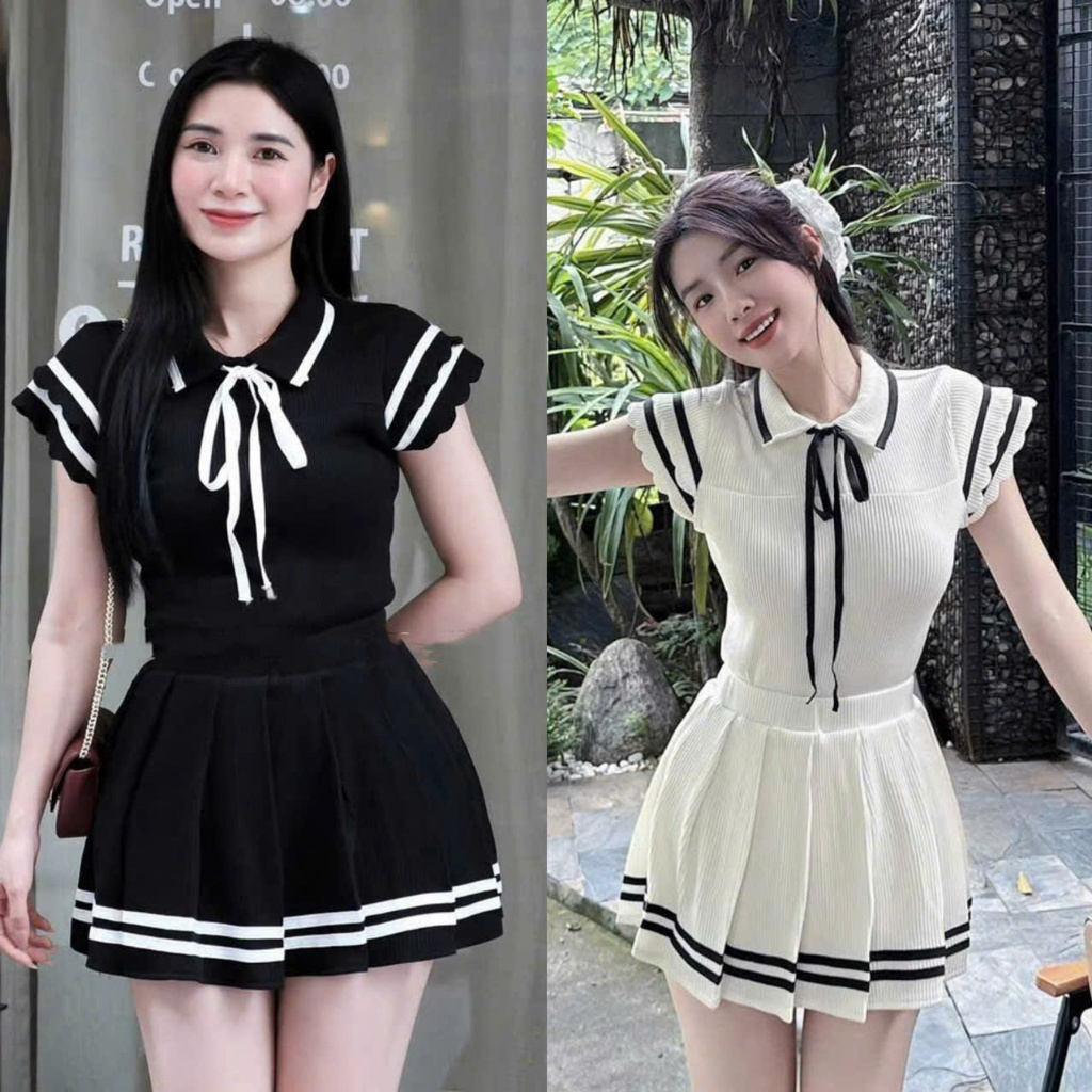 Sét Áo Tăm 2 Màu Bèo Tay Viền Sóng Thắt Nơ Mix Cv Xếp Ly Cùng Tone Dáng Ngắn Điệu Đà ( Ảnh Thật Loll