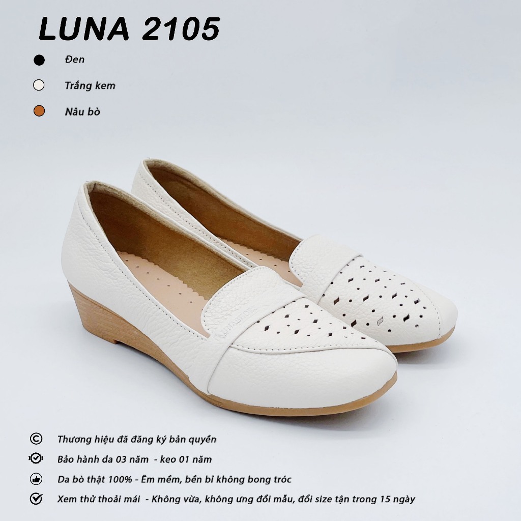 Giày đế xuồng nữ 5cm LUNASHOES 2105 da bò thật êm chân chống trơn dễ đi dễ phối đồ đi làm đi chơi