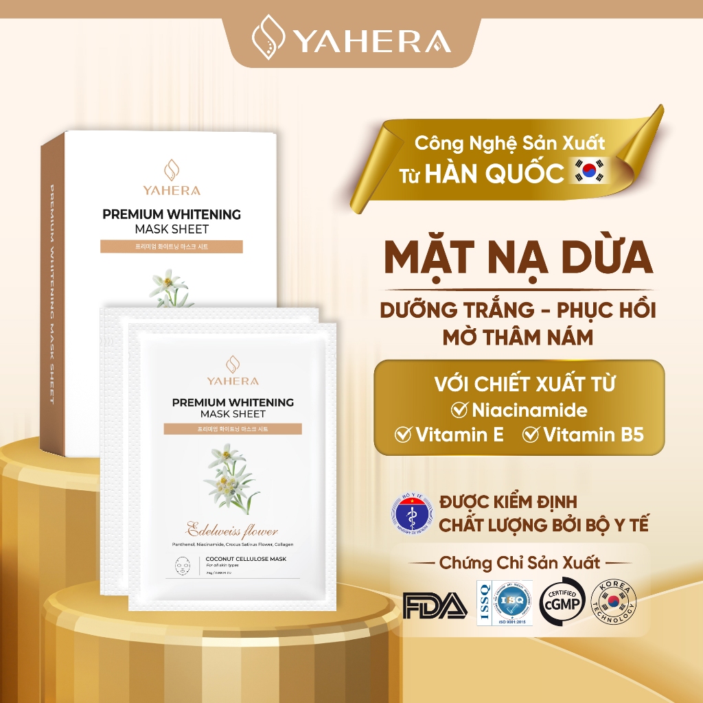 Hộp 10 mặt nạ dưỡng trắng thạch nước dừa tươi  YAHERA Premium Whitening Mask Sheet dưỡng ẩm da 25g