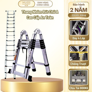 Thang Nhôm Chữ A HUDI Cao Cấp Rút Gọn Chịu Lực 800KG Chống Trơn Trượt, Chống Gỉ
